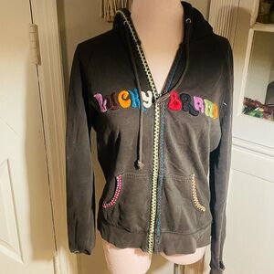 Lucky Brand Black Hoodie with Multicolor Embroidery